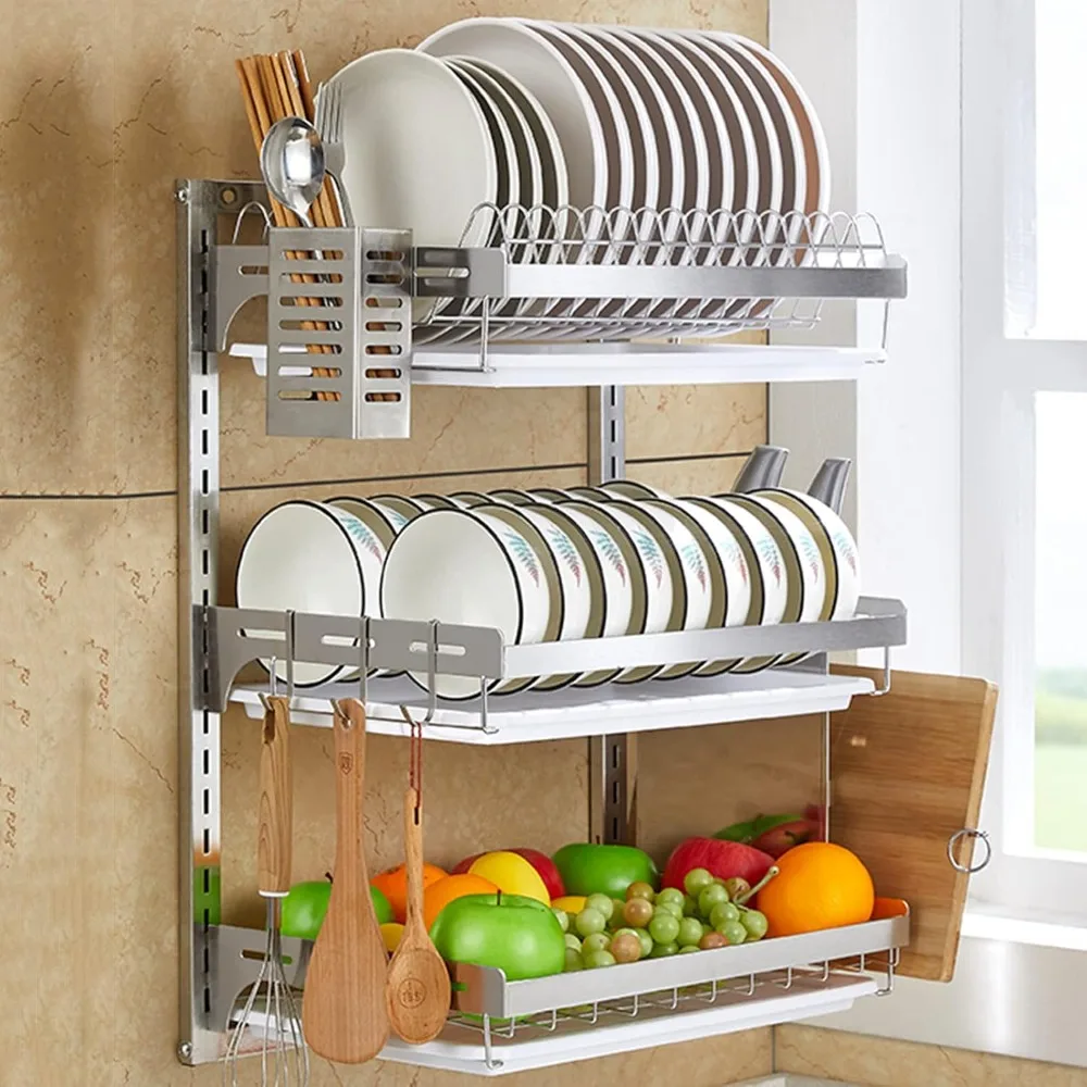 Kitchen Dish Drying Rack Bowl Holder, Wall Mounted, 3-Tier, Space Saver for Cup/Spoon/Fork, Kitchen Storage Shelf