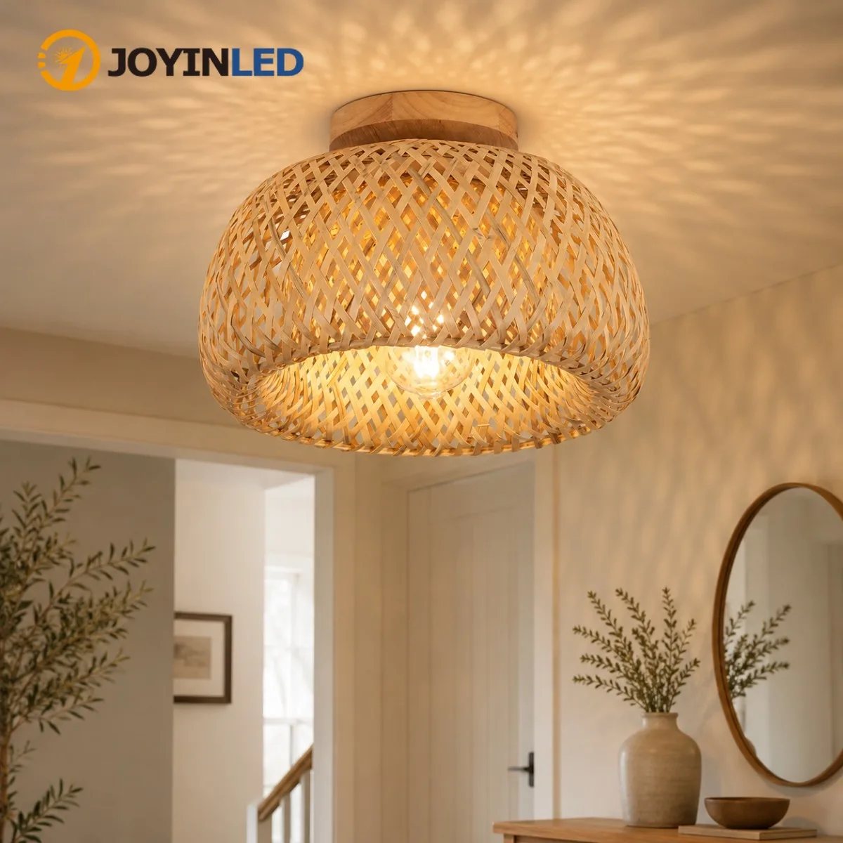JOYINLED Retro Bambus-Deckenleuchte 30/38cm, handgefertigte Rattan-Deckenlampe mit E27-Fassung, natürliche Weiden-Dekorationsbeleuchtung für Flur, Korridor, Schlafzimmer, Wohnzimmer, Esszimmer,