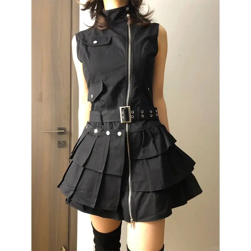 Vintage slanke mouwloze zwarte jurk dames gothic high street skinny ruche retro jurken Y2k chique riem nieuwe kleding