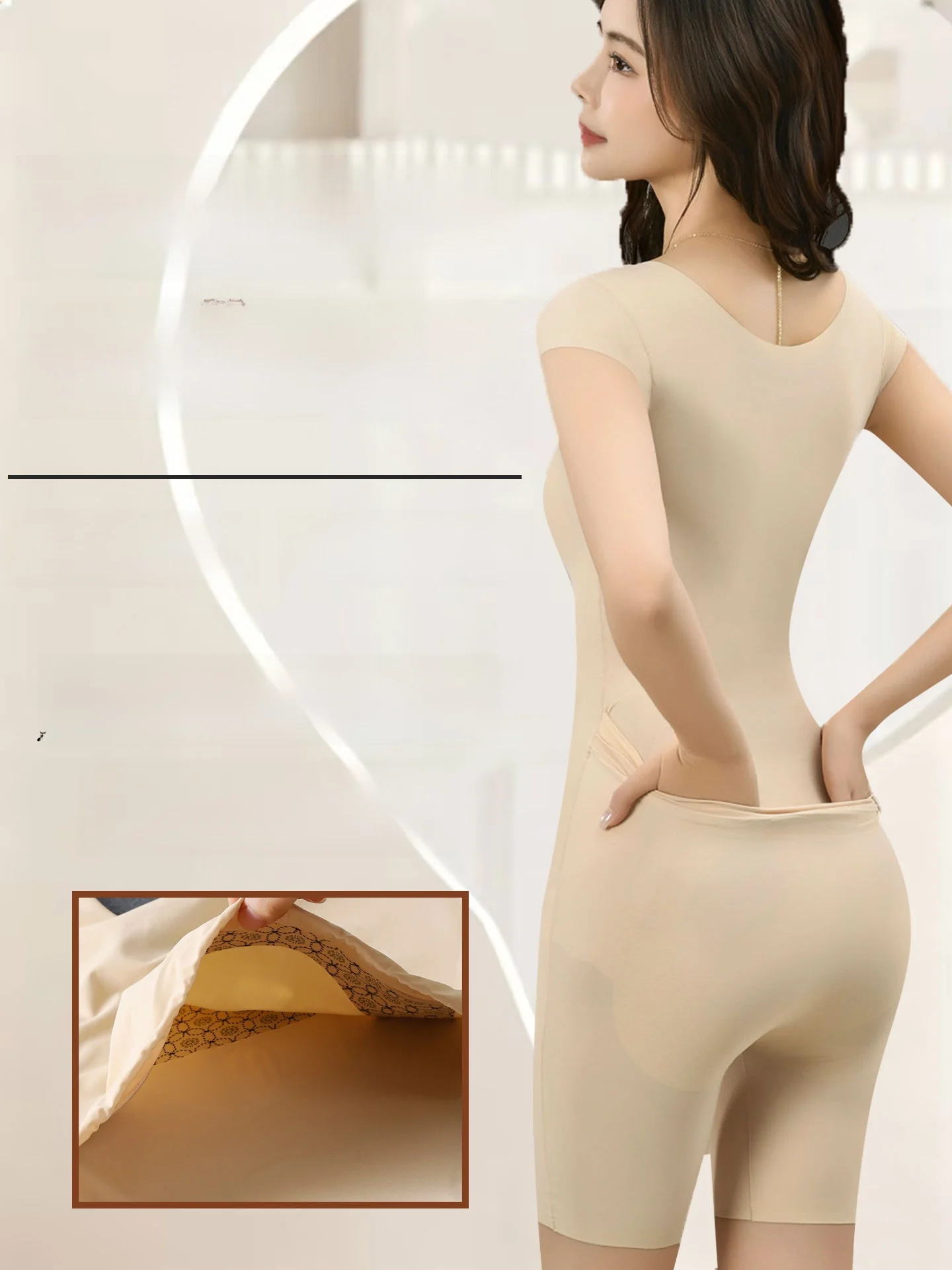 Wireless Postpartum Shaping Bodysuit Backless Lace Trim Short Sleeve V-Neck Nylon Fabric Soft Stretchy Thin Three-Quarter Length