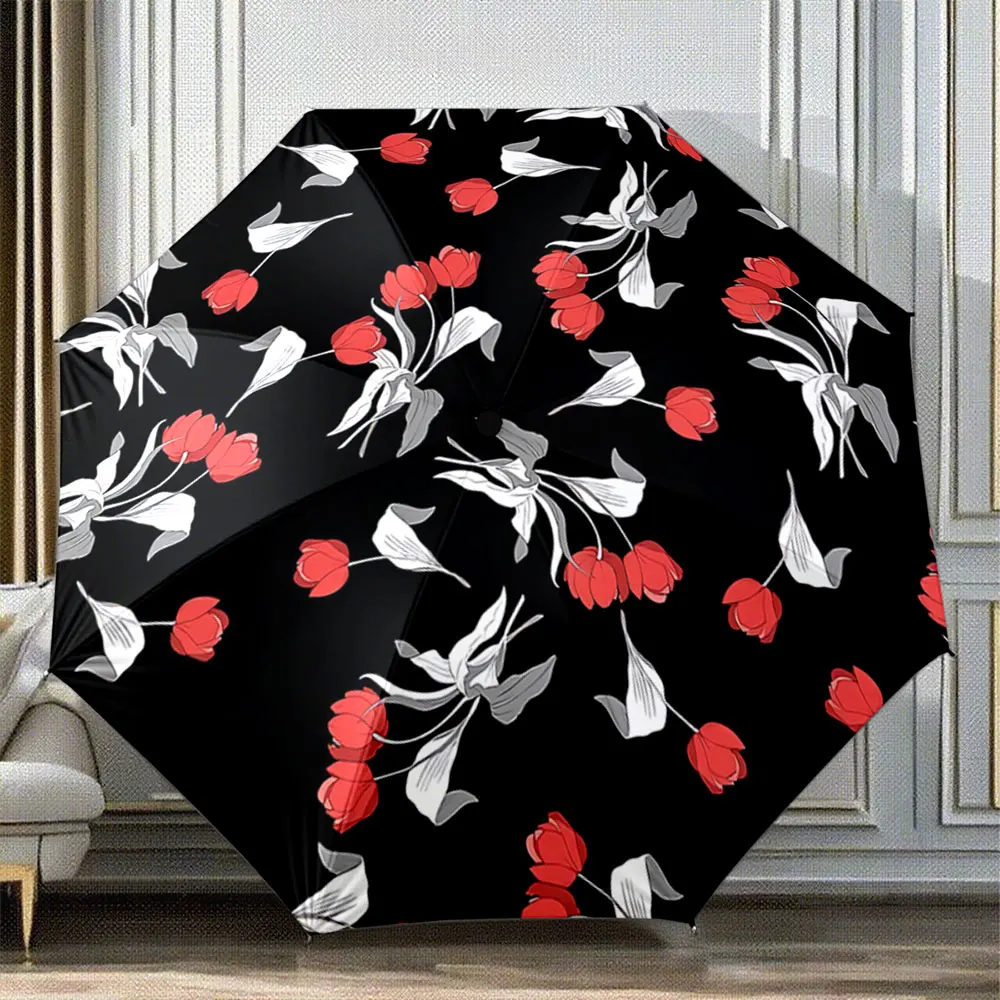Red Tulip and Gray Leaf Pattern on Black Umbrella Portable Folding Umbrella, Gift for Family And Friends