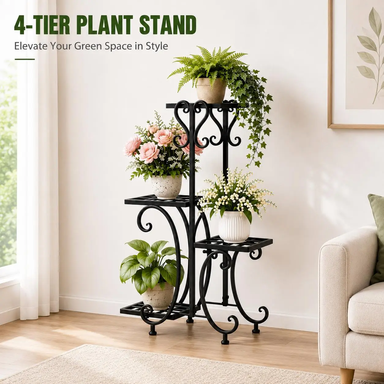 4 Tier Metal Plant Stand for Multiple Plants, Heavy Duty Iron Flower Pot Holder Rack, Indoor Outdoor Corner Plant Shelf, Vertical Planter Display Stand for Balcony, Garden, Patio, Living Room