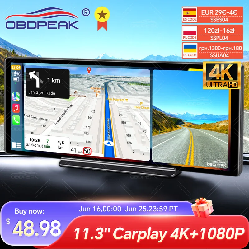 

11.3 Inch 4K Wireless CarPlay & Android Auto Dash Cam GPS Navigation Dashboard Dual Lens Video Recorder RearView Mirror Camera