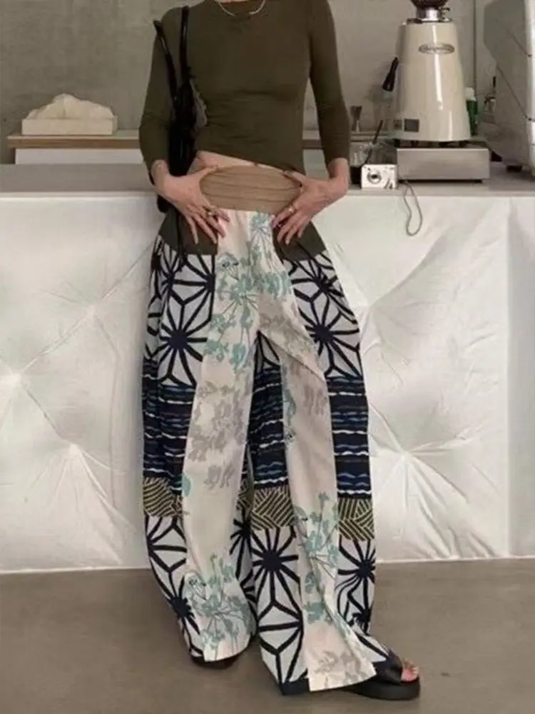 Women's Japanese Patchwork Wide-Leg Pants-Geometric Floral Striped Print, High Waist Drawstring Loose Fit Trousers Spring Summer