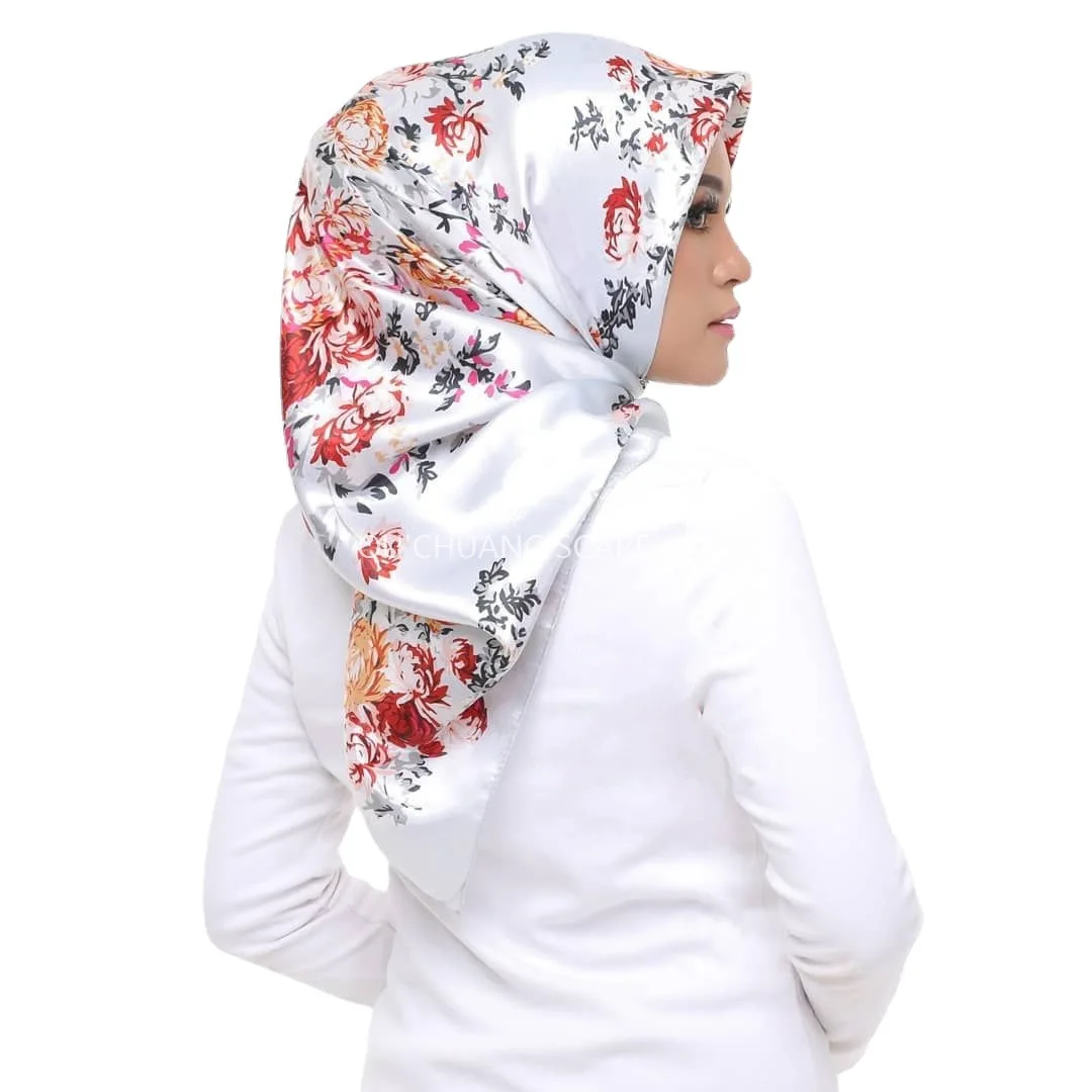 Silk Satin Neck Scarf For Women Print Hijab Scarfs Female 90*90cm Square Shawls and Wraps Scarves For Lady 2022