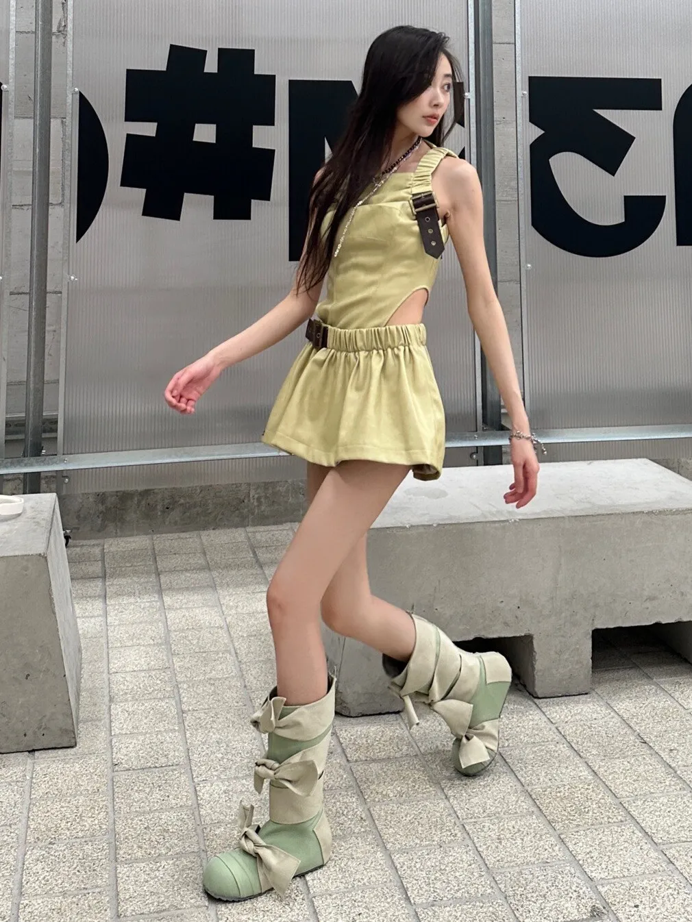 Knot Mid-Calf Boot Flat Bottom round Head Big Head Boot Back Zipper Spring Summer Lolita Fashion Women's Shoes