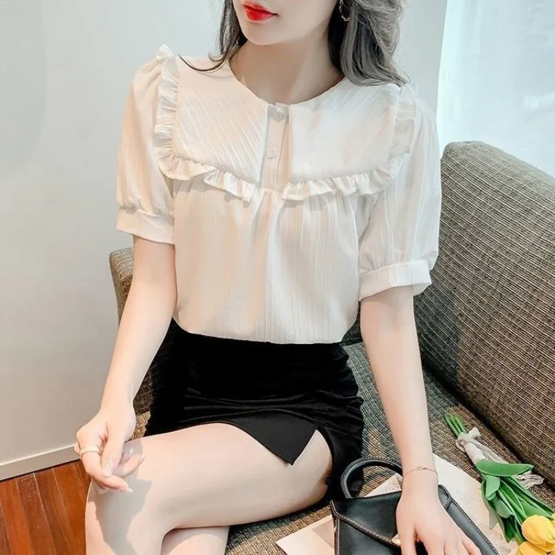 2024 Summer New Korean Sailor Collar Chiffon Shirt Women\'s Fashion Versatile Solid Color Spliced Folds Button Puff Sleeve Blouse