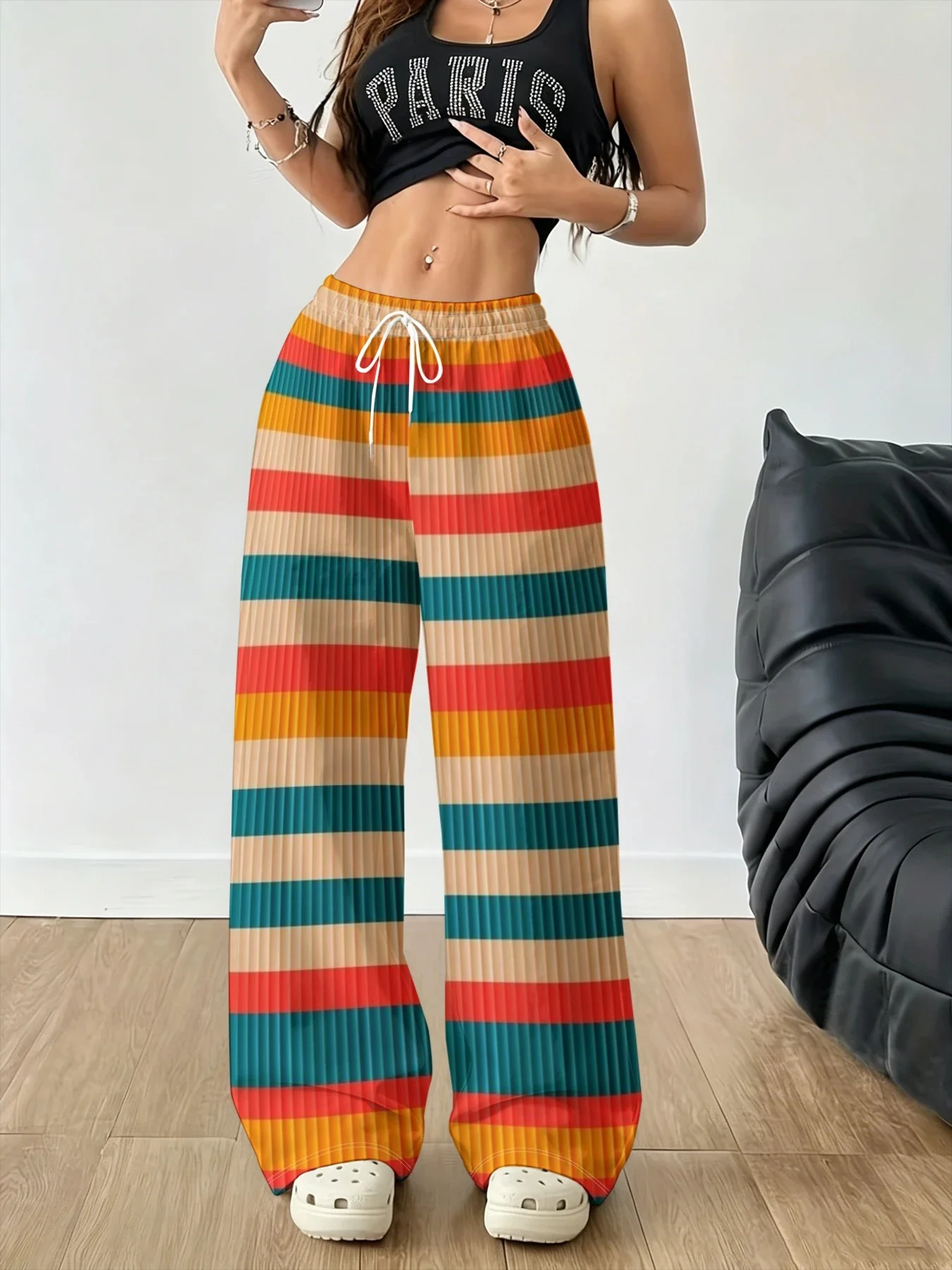 Boho Vintage Rainbow Stripe 3D Printed Quick Dry Straight Trousers Men Women, Color Block Striped Print Lightweight Pants