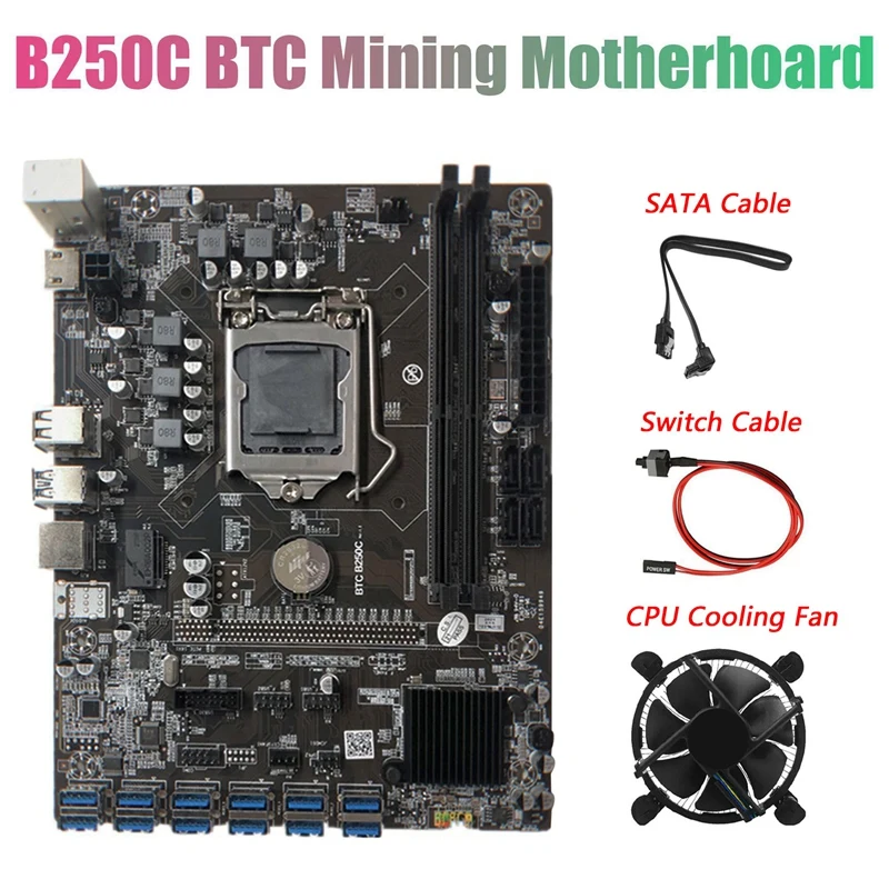 

B250C BTC Miner Motherboard With SATA Cable+Switch Cable+Fan 12XPCIE To USB3.0 Card Slot LGA1151 Supports DDR4 DIMM RAM