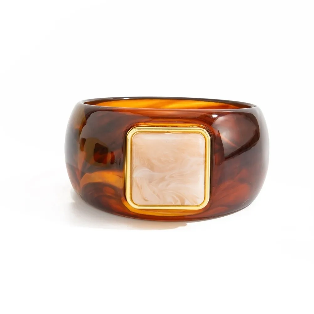 Vintage Amber Resin Bangle Solid Resin Gradient Smudge Amber Tone Bracelet Smooth Polish Wide Frame Wide Wrist Band