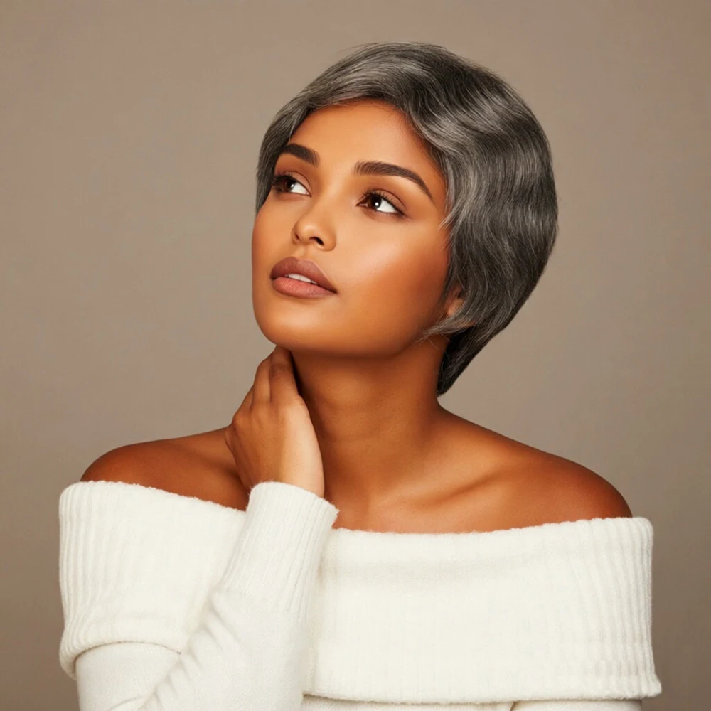 Серый Finger Wave Curly Short Pixie Cut Парик Бразильские человеческие волосы Парики для женщин Полный машинный короткий вьющийся парик из 100% человеческих волос