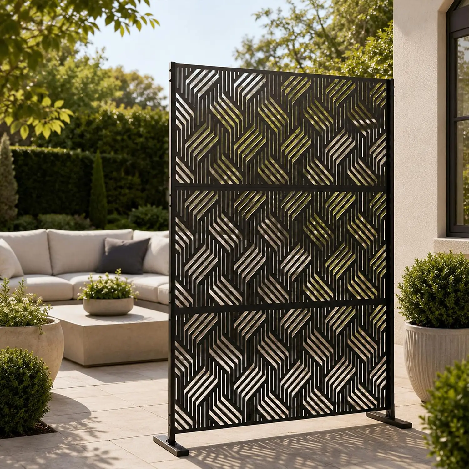 74 Inch Height 47.2 Inch Width Freestanding Iron Weave Metal Privacy Divider Screen With Support Stand Decorative Partition For Indoor Outdoor Deck Patio Balcony Garden Black Finish