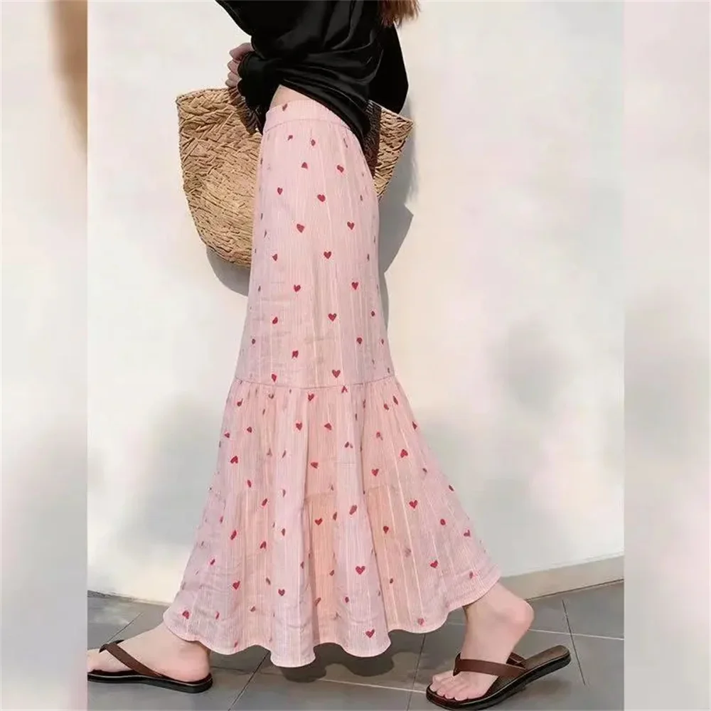 High Waist Tiered Casual Flowy Mermaid Skirt Women's Pink Heart Print Mermaid Maxi Skirt Chiffon Summer Beach Long Skirt