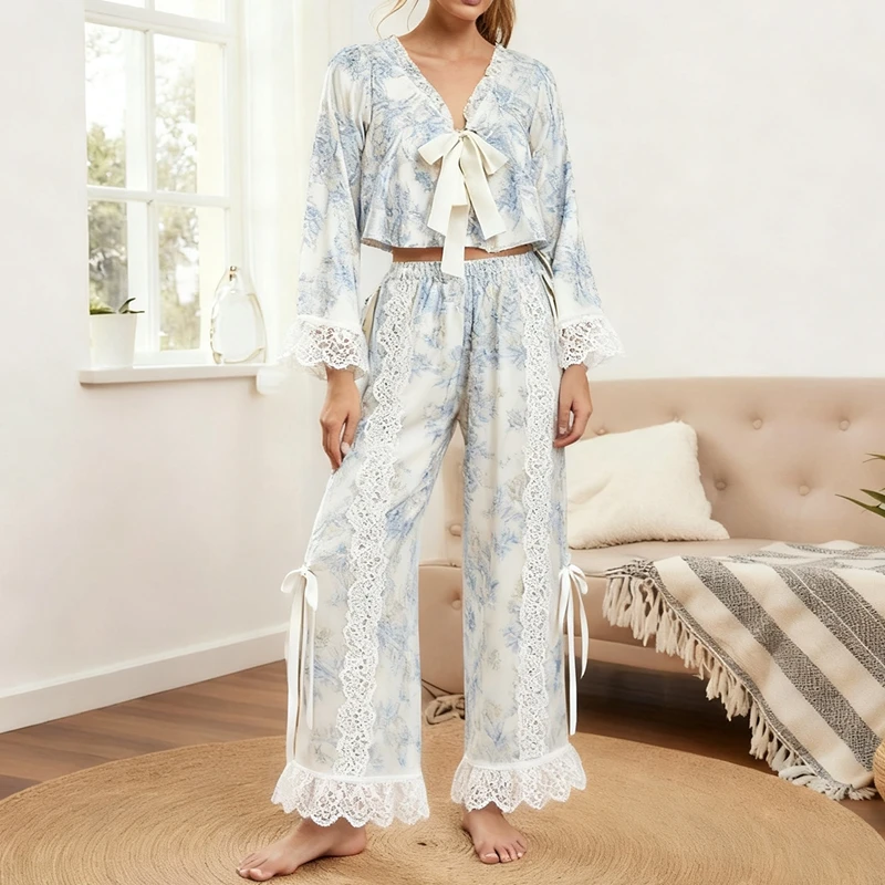 

HEZIOWYUN Women's Two Piece Lace Pajamas Set Long Sleeve Bow Tied Front Ruffle V-Neck Crop Tops +Elastic Waist Pants Loungewear