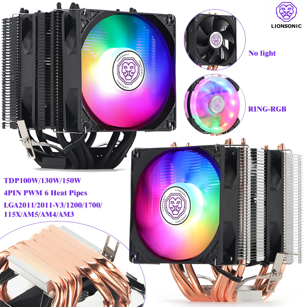 6 Heat Pipes 4 Pin PWM RGB PC Quiet CPU Cooler Intel LGA 1700 2011 2011-V3 1200 1150 1151 X79 X99 E5 AMD AM4 AM3 CPU Cooling Fan