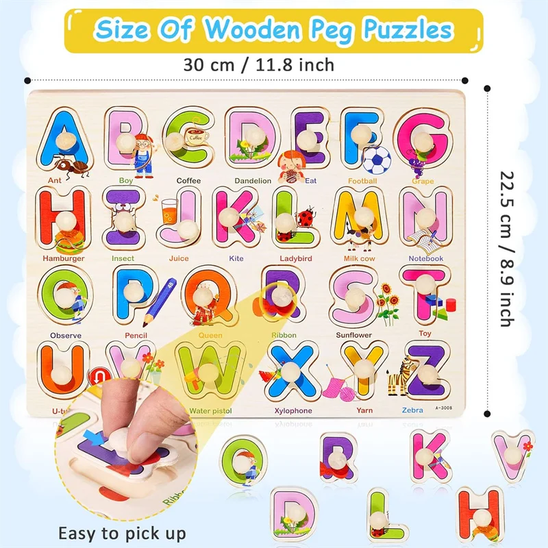 

Wooden Montessori Pegboard Puzzle For Toddlers - Letters, Numbers, Fruits & Shapes Learning Toy, Jigsaw Learning Puzzles