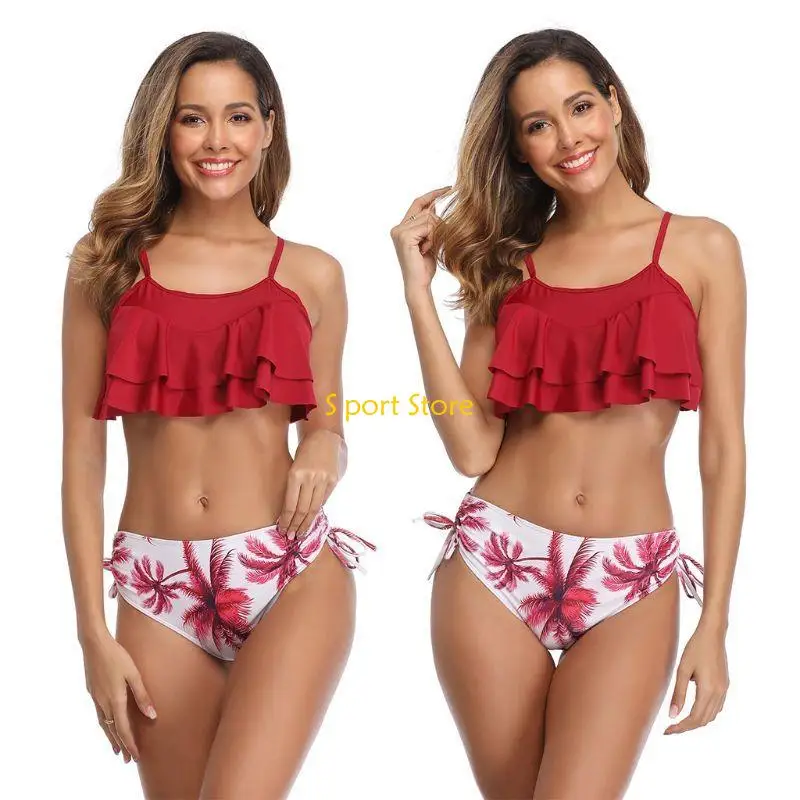 

U2JB Women Sexy 2 Piece Set Flounce Crop Top Side Tie Drawstring Bottoms Swimsuit Leaves Print Bathing Suit