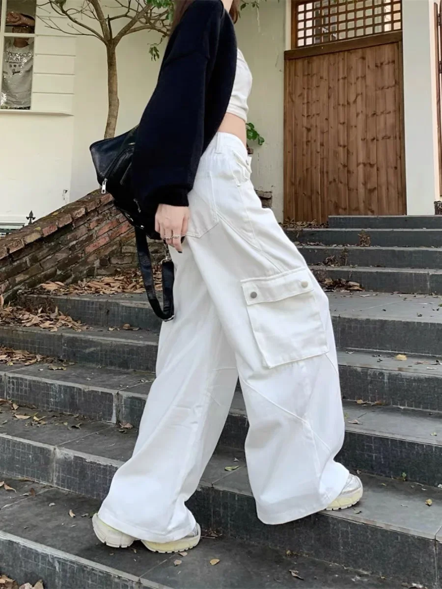 Deeptown Grunge White Cargo Jeans Women Streetwear Y2k Baggy Wide Leg Denim Pants Hip Hop High Waisted Boyfriend Pantalon Mujer