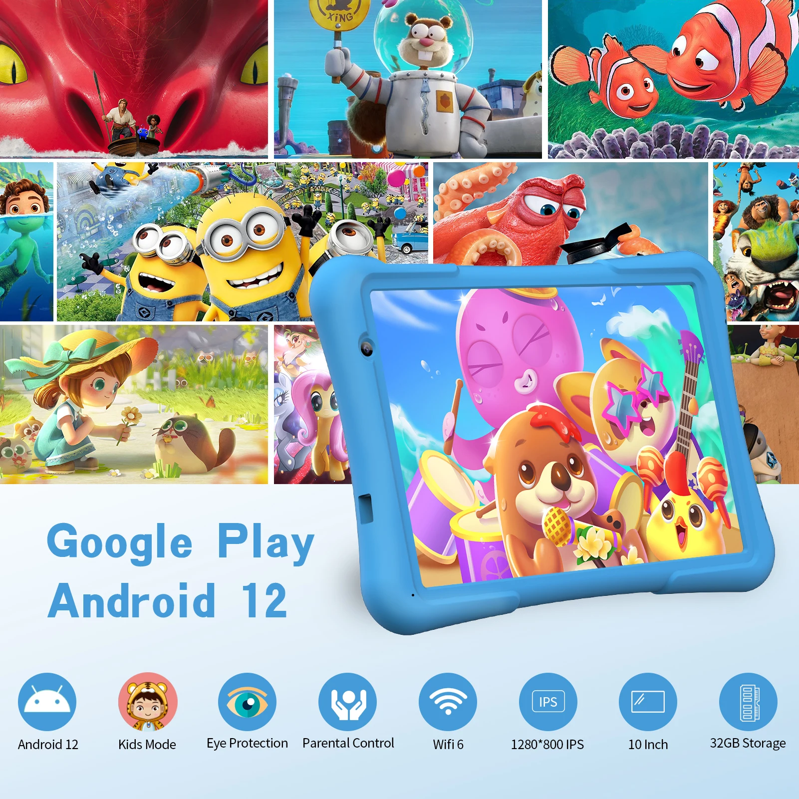 PRITOM Tablet infantil Android 12 de 10 polegadas 32 GB, Quad-Core, 6000 mAh, grande tela HD IPS, WiFi 6, câmera dupla, Bluetooth,
