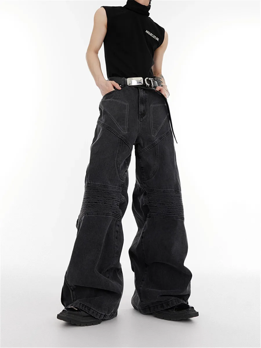 

Retro Waed Deconstructed Denim Jeans Metal Zipper Loose Wide Leg Drapey Workwear Trousers Youthful Casual Long Pants