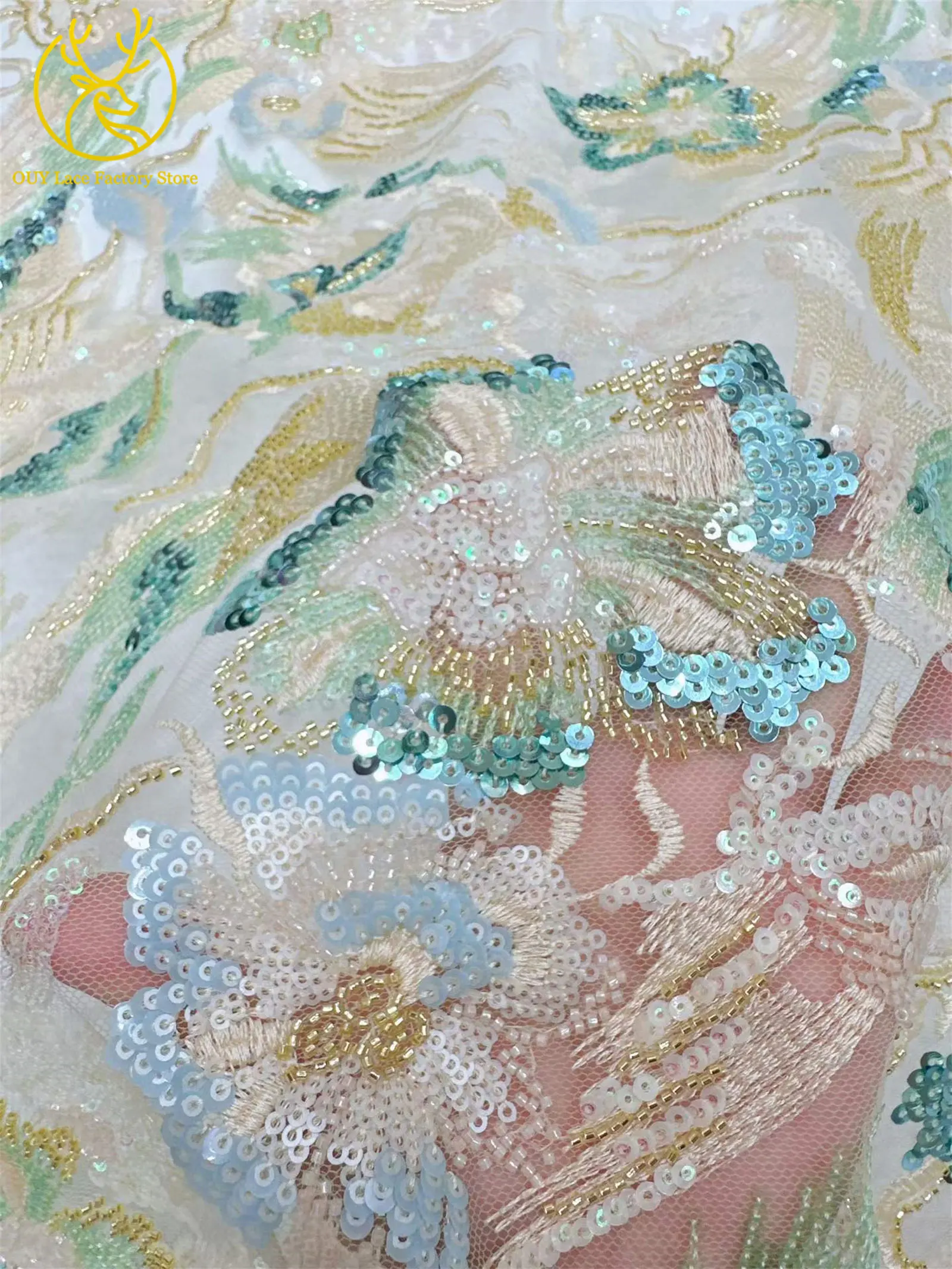 Afrikanischer Stickerei-Tüll-Pailletten-Spitzenstoff, 5 Yards, hochwertiger französischer nigerianischer Perlen-Mesh-Spitzenstoff für Hochzeitsnäharbeiten – Detail 21