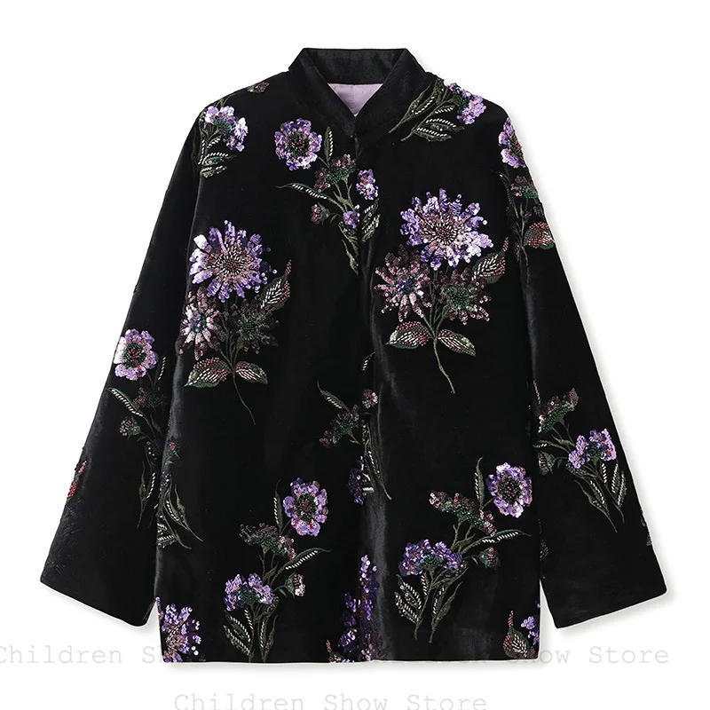 

Осень 2024, новая куртка ханьфу, роскошная одежда Тан с блестками и цветком, женское теплое велюровое пальто, новая костюмная куртка в китайском стиле