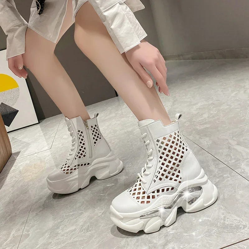 Women Summer Grid Boots 2023 Breathable Leather Sneakers High Platform Hollow Ankle Boots For Woman Lace-up Outdoor Chunky Shoes