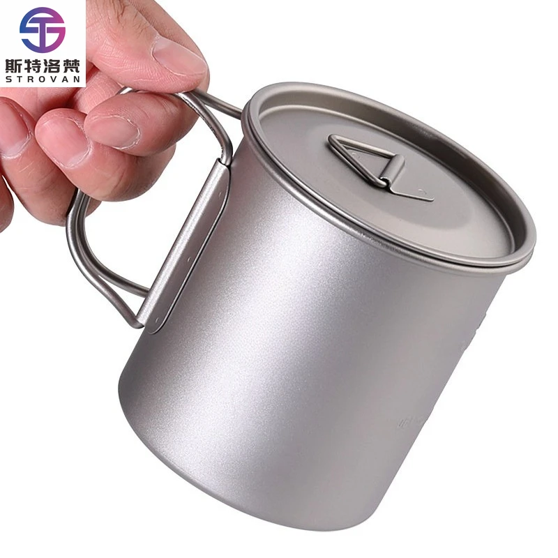 Pure Titanium Water Cup, Oblique Handle Cup, Camping Small Cup Coffee Cup with Lid, 375ml, Portable, Light and Healthy