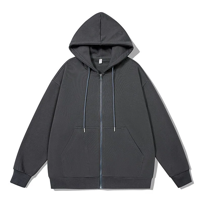 High Street Hoodie Men Solid Color Zip Up Long Sleeve Loose Jacket Coats Casual Hooded Sweatshirt Y2K Fashion Outdoor Clothes ﻿