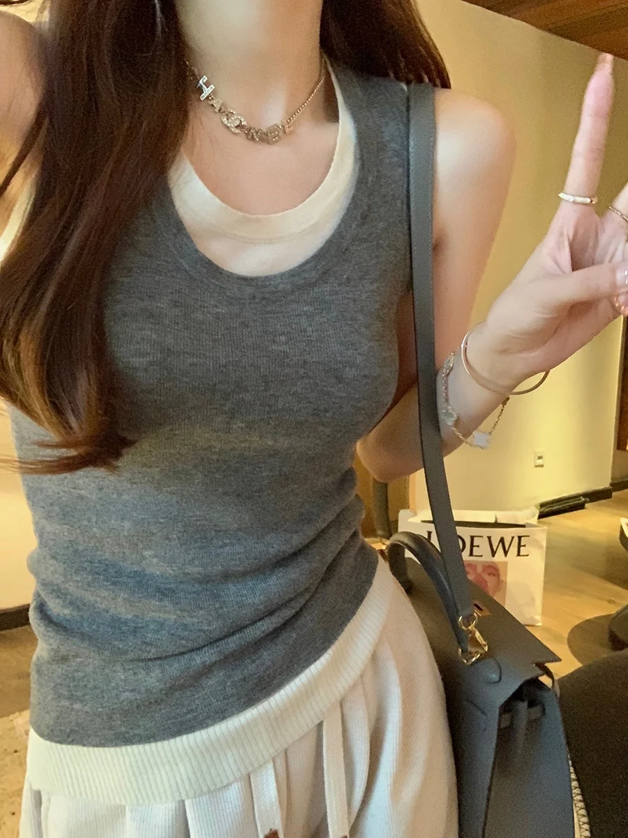 

Женский трикотажный жилет MUKOK из 100% шерсти, модный цветной блок, приталенный, для повседневной носки, стандартной длины, шерстяной трикотаж