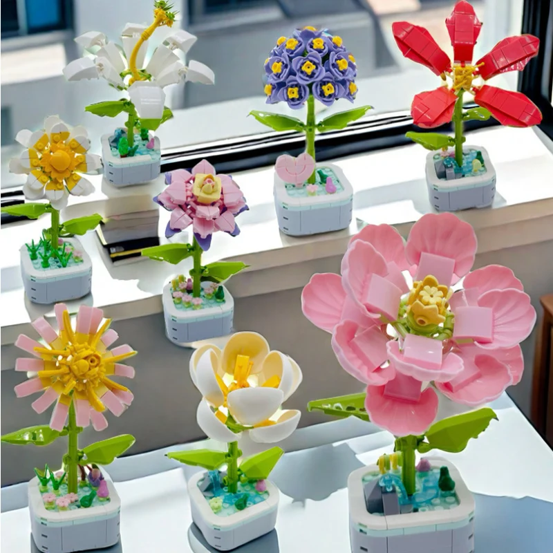 Potted Building Blocks Simulate Succulent Flower Bouquets, Creative Puzzle Block Toys, Eternal Flowers, Home Decoration