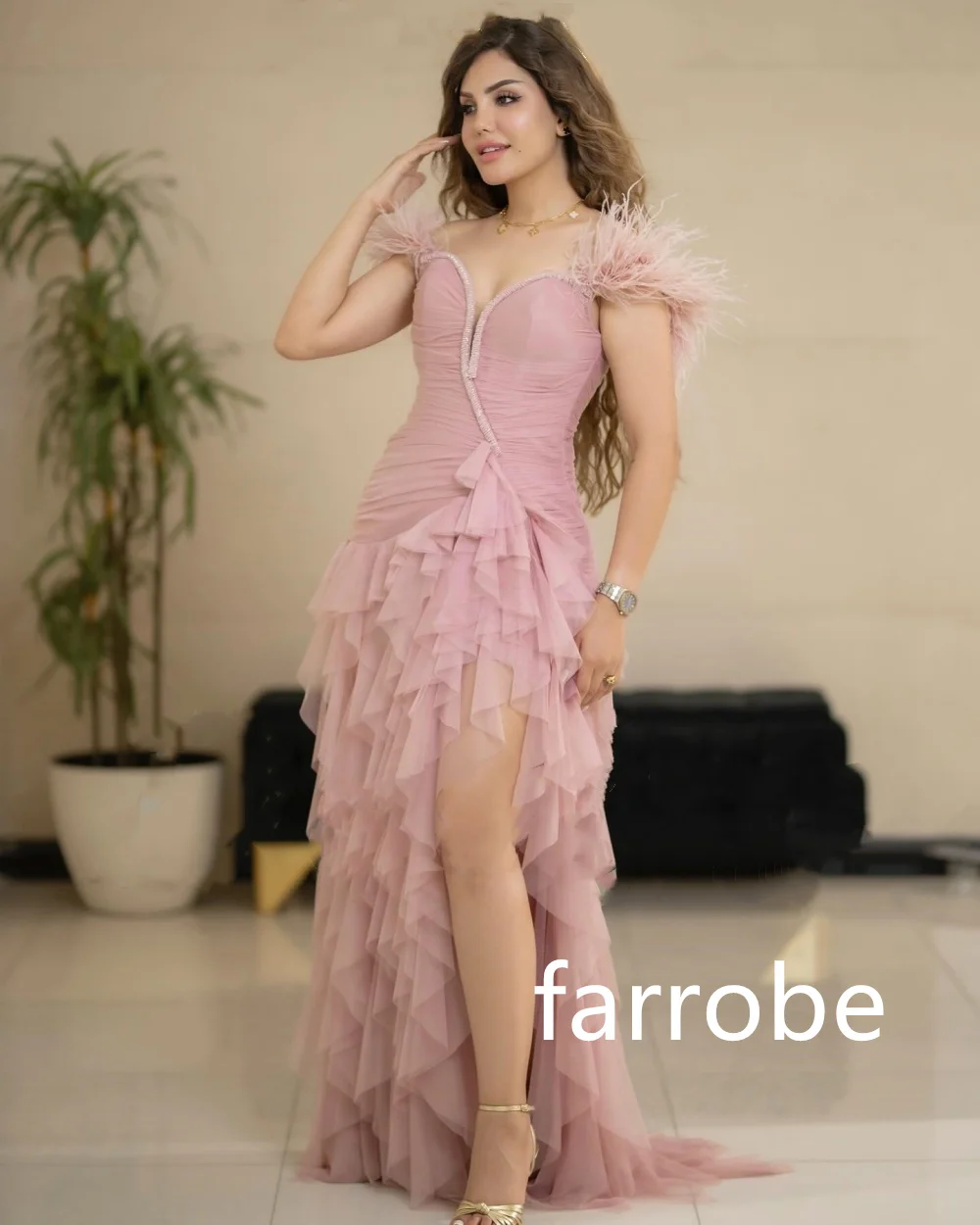 Customized Intricate Net Pleat A-line Feather Off-the-shoulder Hi-Lo Dresses Bespoke Occasion Dresses Classic Exquisite Modern S