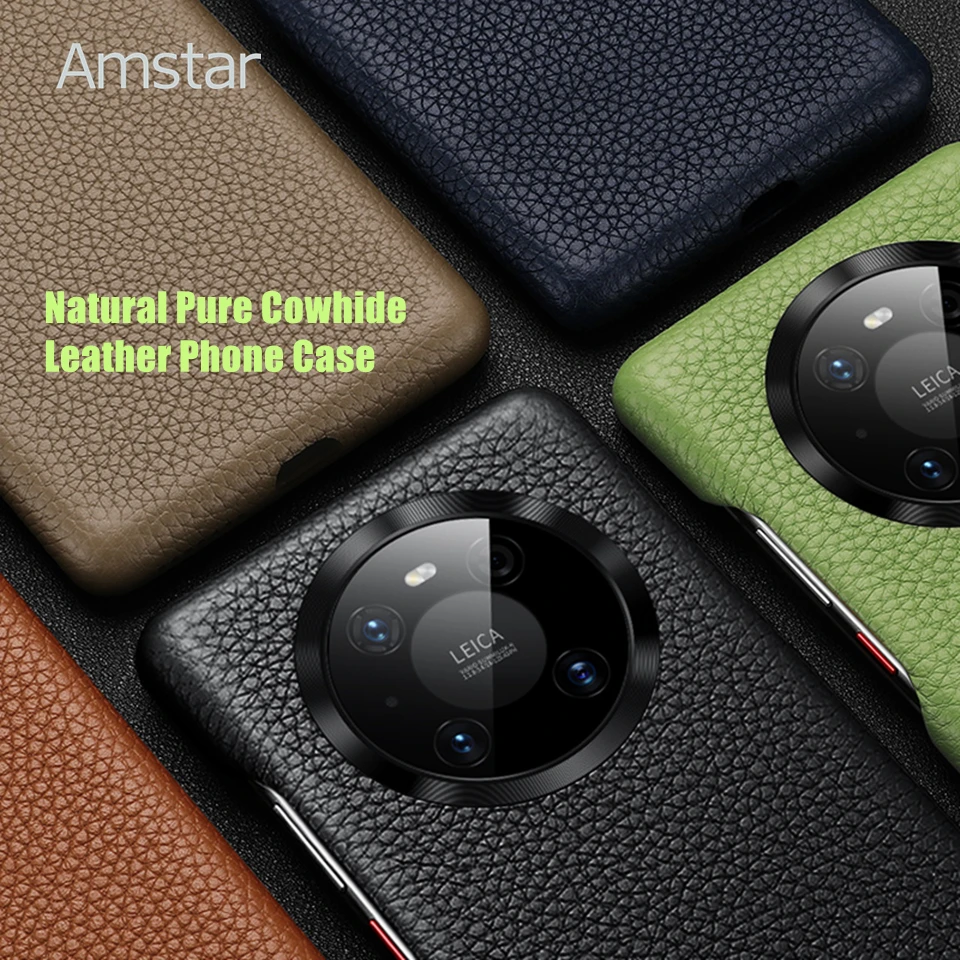 Amstar Pure Natural Cowhide Leather Phone Case for Huawei Mate 30 40 Pro Plus P40 Pro Plus Handmade Real Cowhide Leather Cover