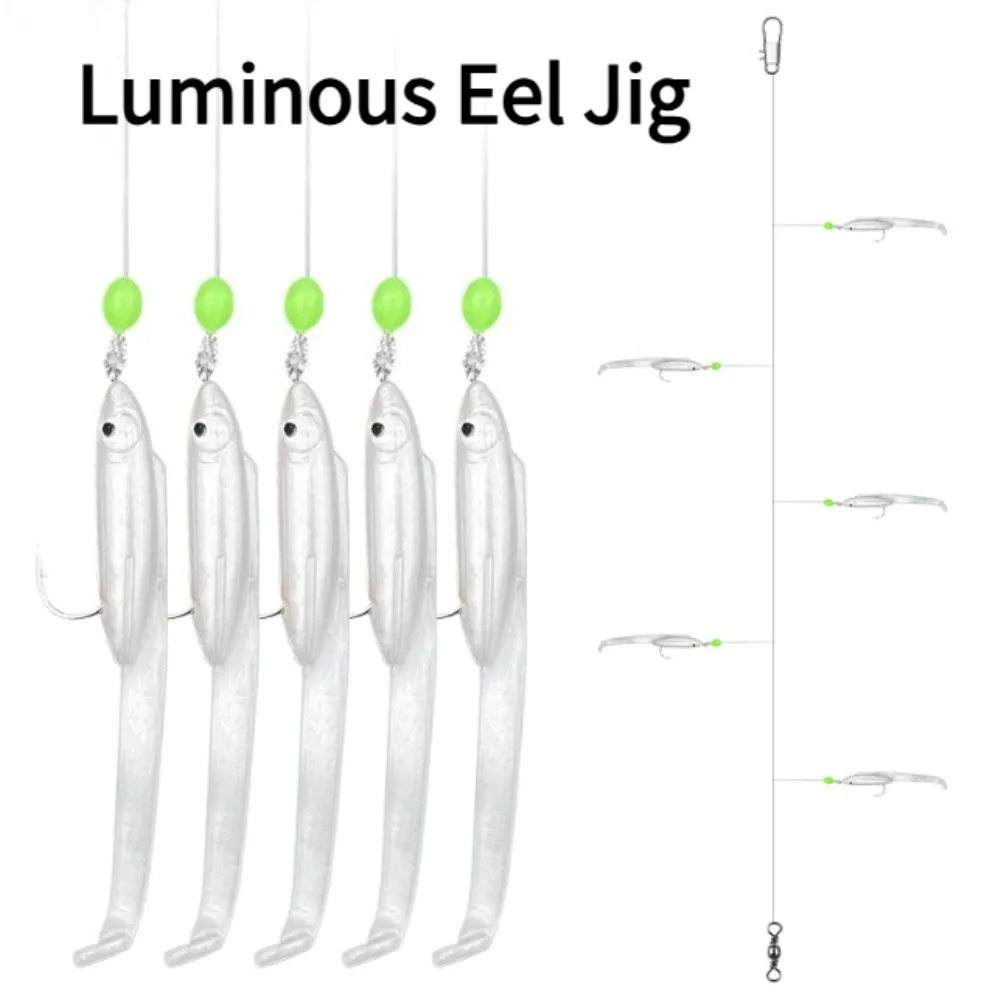 1 Ensemble de montages Sabiki lumineux avec leurres souples en forme d'anguille, hameçons en ligne pour la pêche au saury, au calmar, au maquereau, au scad en eau salée