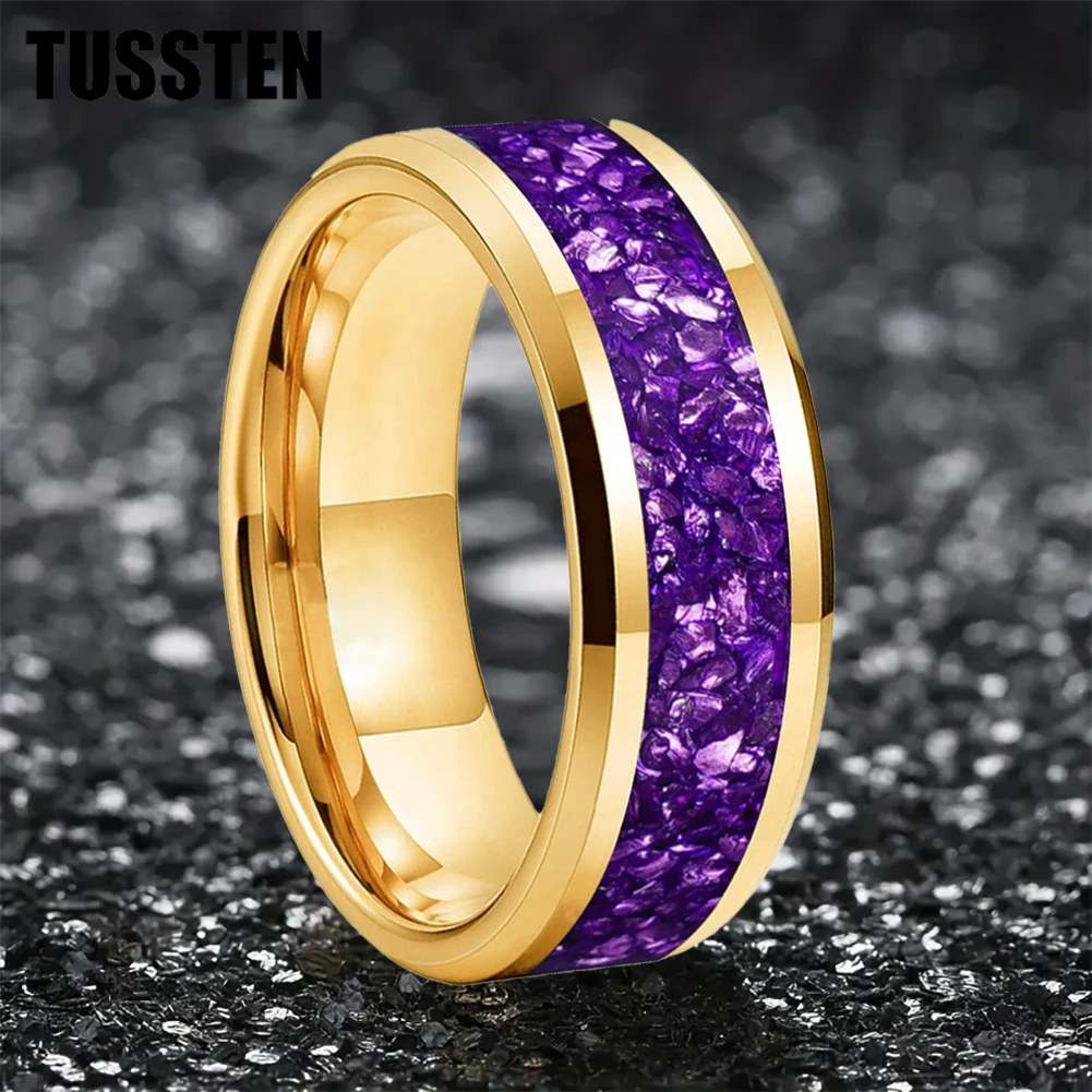 Dropshipping TUSSTEN 6/8MM Men\'s and Women\'s Wedding Tungsten Ring Purple Crystal Stone Inlaid Comfortable Fit