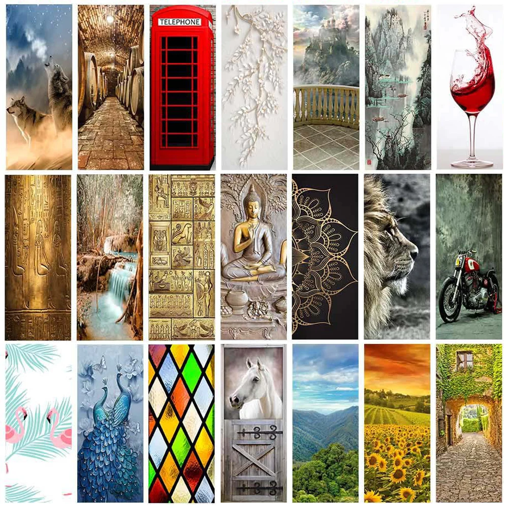 3D Retro Buddha Mural Printed Door Art Sticker Peel and Sticker Waterproof Bedroom Living Room Entrance Door Wrap Cover Decals