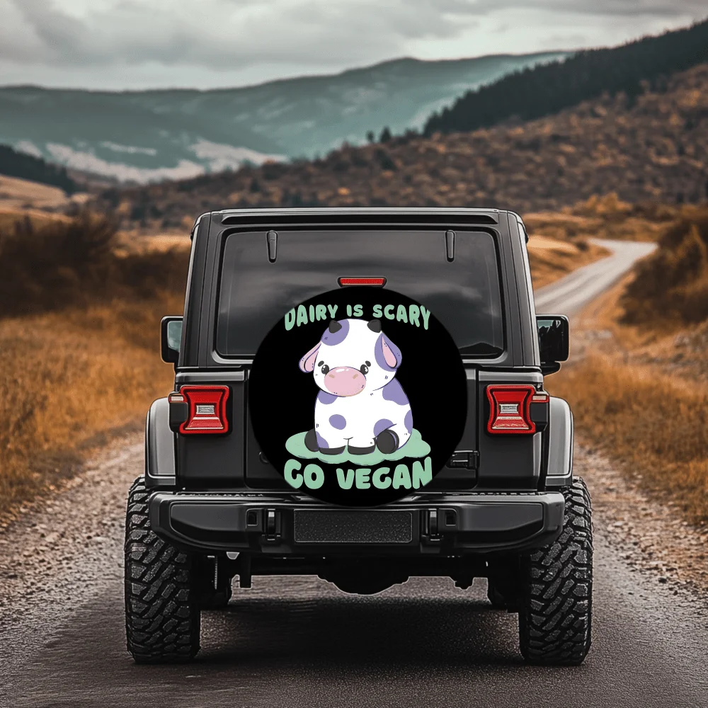Cute Vegetarian Cow Pattern 30/34 Inch Multi-Functional Tire Cover, Suitable For Jeep, Trailer, RV, Off-Road Vehicle, Truck, Cam