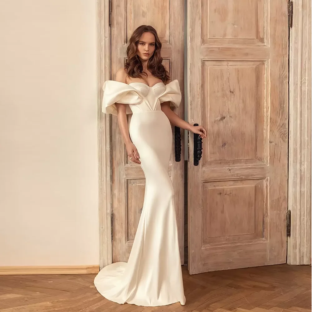 

Off-Shoulder Classic Satin Women's Sheath Wedding Bridal Dress Court Ruffles Backless Wedding Gowns Customized