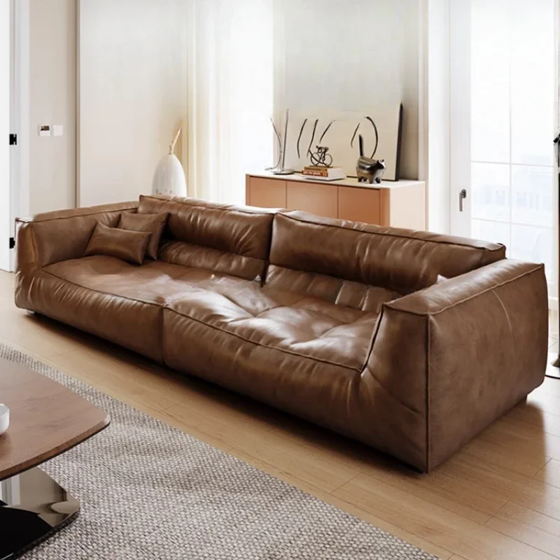 Retro style leather sofa, living room small apartment straight row sponge four-person leather art sofa