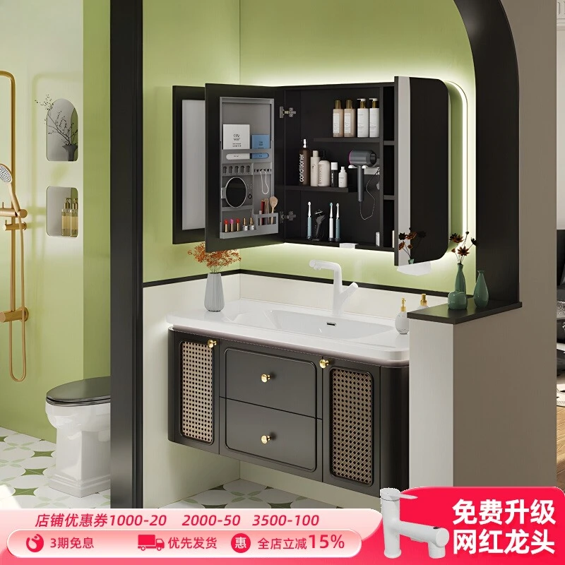 

Американский ретро-комплект для ванной комнаты: тумба из дуба с покрытием под краску, керамическая раковина, умывальник, черный цвет.