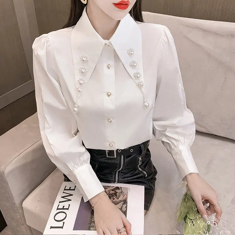 Elegant Peter Pan Collar Beading Loose Puff Sleeve Sweet Shirt 2023 Autumn New Casual Tops Oversized Commute Women\'s Blouse