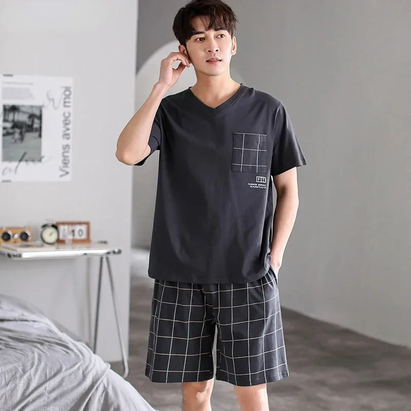 Dropshipping Pajama Set for Mens Cotten Pajamas Sleep Wear Big Size 3xl 4xl Pijamas Para Hombre Summer Cotton Shorts Sleepwear