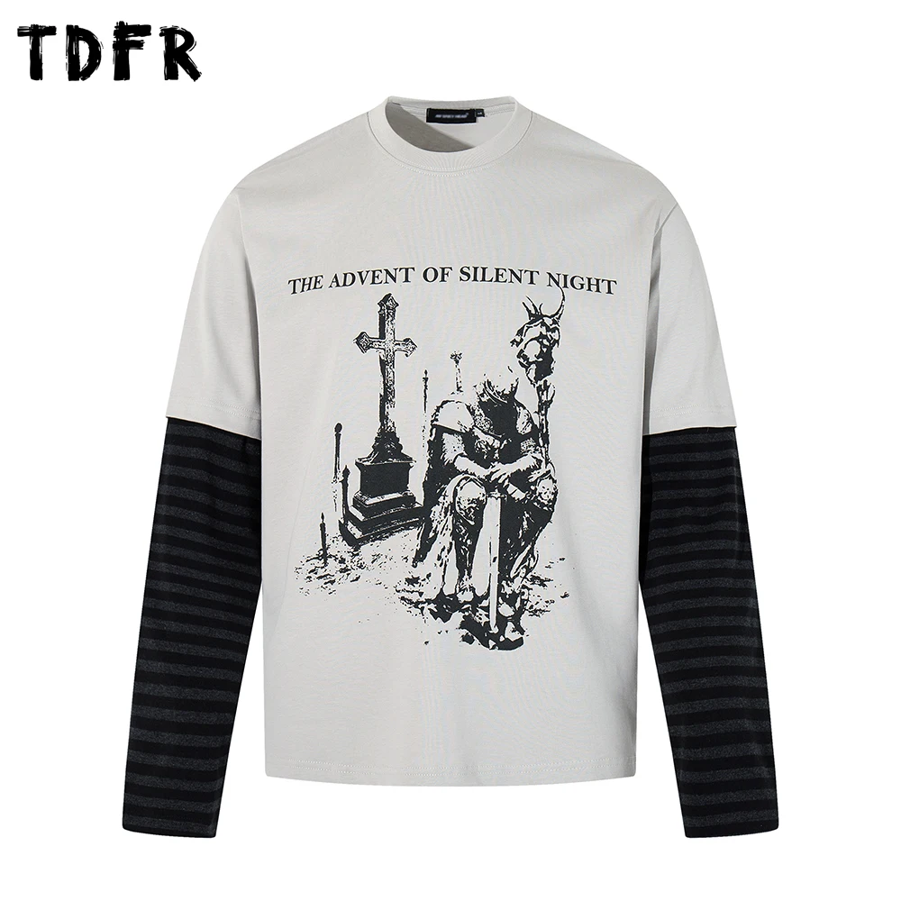 

Vintage Print Fake Two Pieces T-shirt Mens Autumn Casual Loose Spliced Long Sleeve Crew Neck Cotton Tee Man