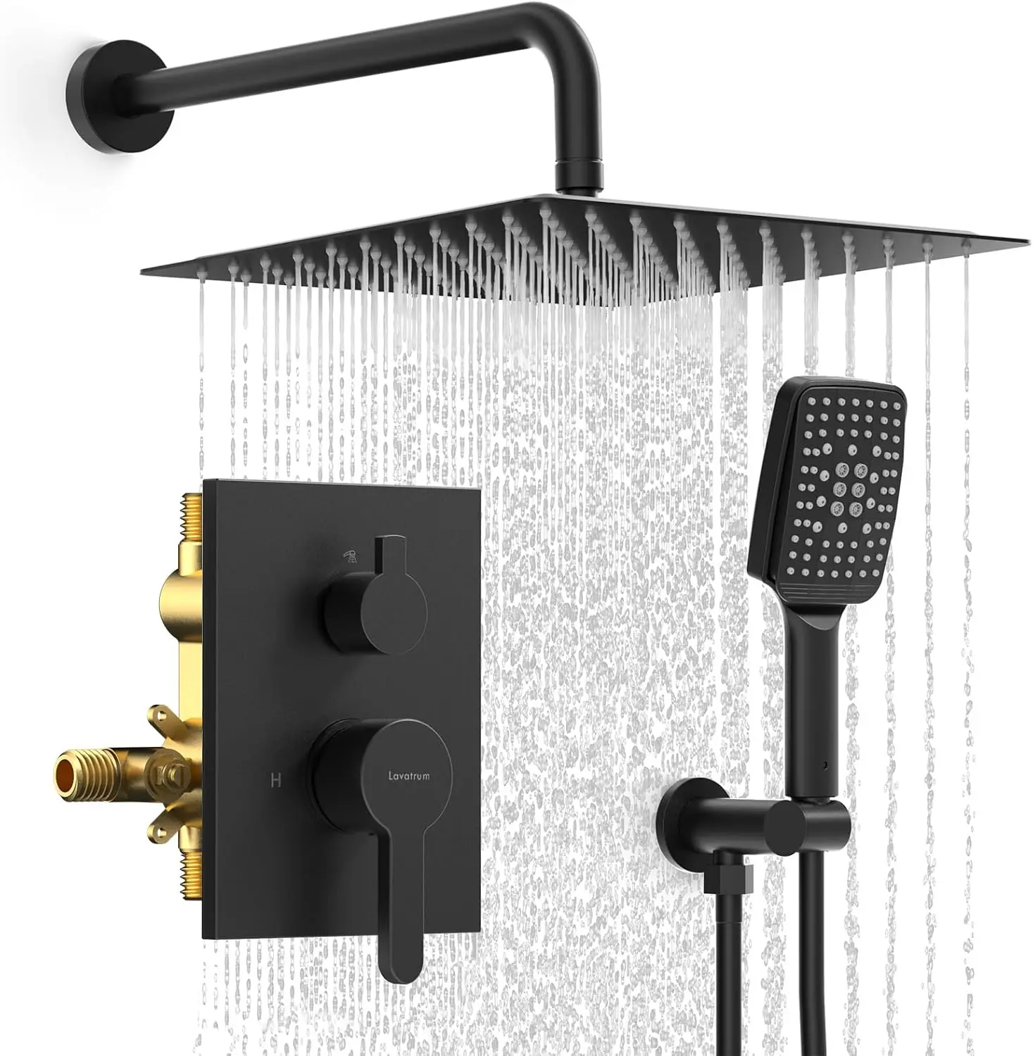 

6-Function Wall-Mounted Shower Set with Handheld and Rain Head, Matte Black Stainless Steel, 12-Inch Complete Kit