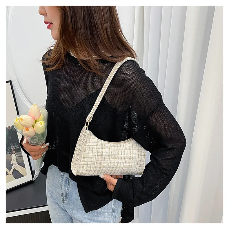 Damen-Unterarmtasche mit minimalistischem Gittermuster, modische High-End-Design-Umhängetasche, lässige, vielseitige Geldbörse für den Pendelverkehr – Detail 20
