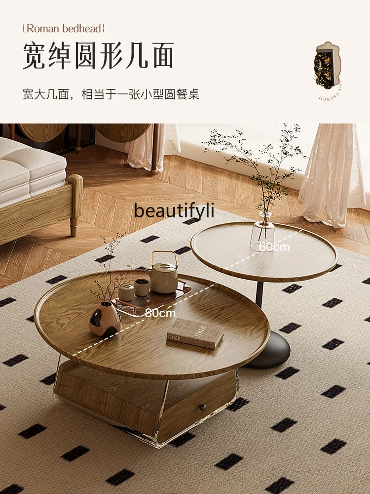 

Retro Round Solid Wood Tea Table Size New Acrylic Small Apartment Tea Table Living Room Home Tea Table