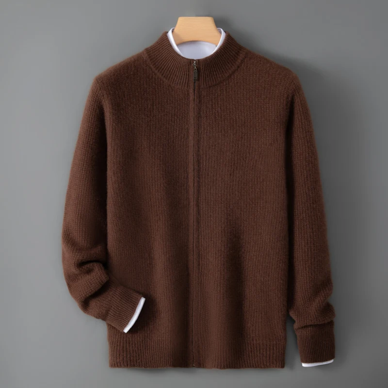 Men'S Thickened 100% Pure Wool Cardigan Men'S Half-High Collar Zip-Up Knit Sweater New Autumn And Winter Style Outerwear