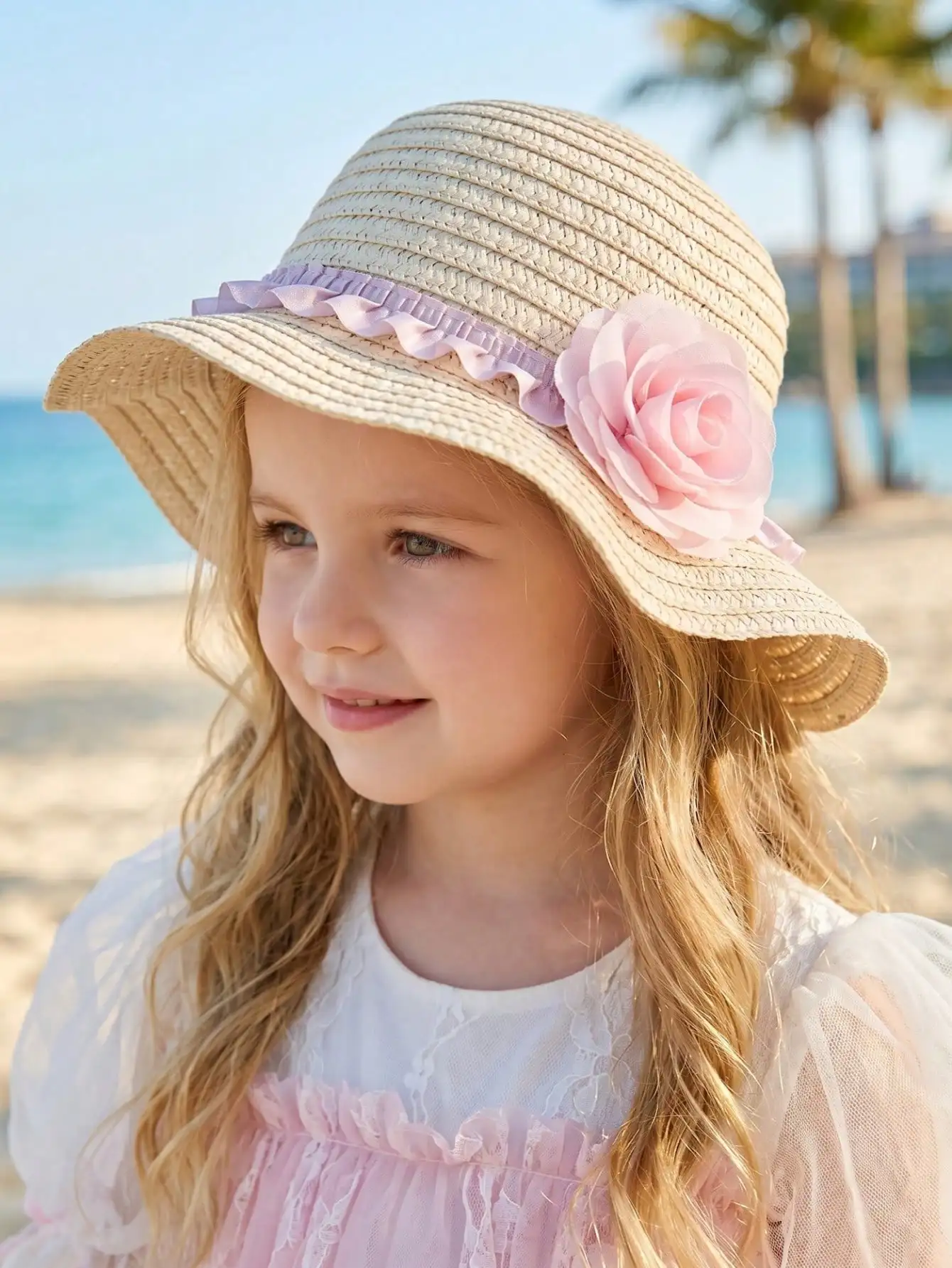 1Pc Little Girls Beige Wave Straw Hat With Big Pink Flower Summer Kids Sun Hat Woven Beach Outdoor Cap