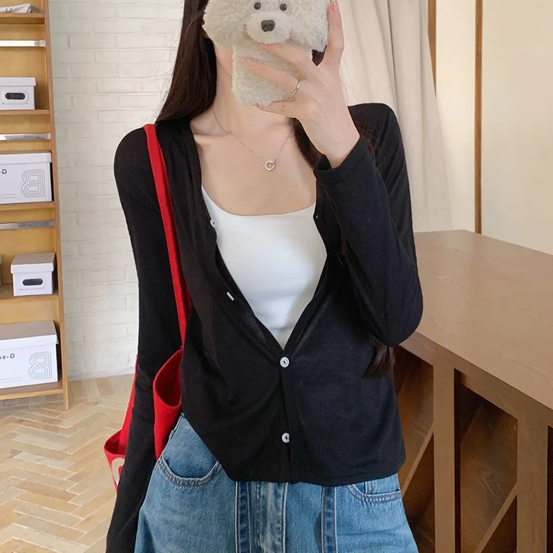 Women Lyocell V Neck Knit Cardigan Summer Loose Outerwear Sun Protection Shirt