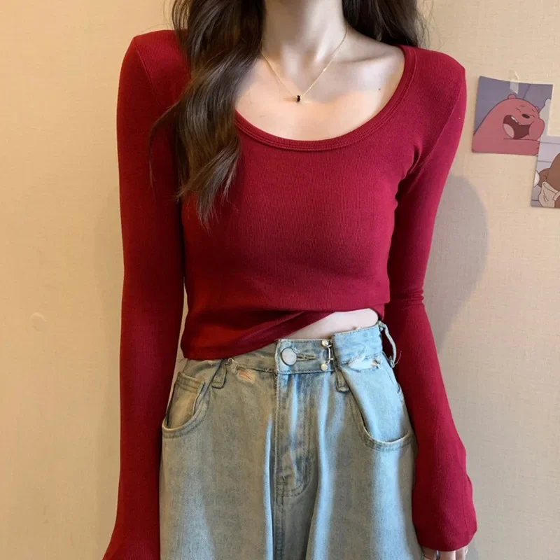 الربيع/الخريف رقيقة طويلة الأكمام تي شيرت المرأة القطن سليم سليم منخفضة طوق طماق المرأة نمط قصير داخل بلوزة على شكل حرف U